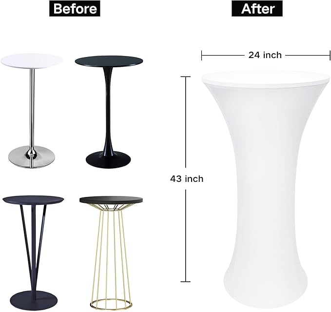 2PCS 24x43 Inch Round Fitted Cocktail Table Cover White Spandex Cocktail Table Cloth Highboy Fitted Tablecloth High Top Table Cloths for Party Pub Banquet Bistro