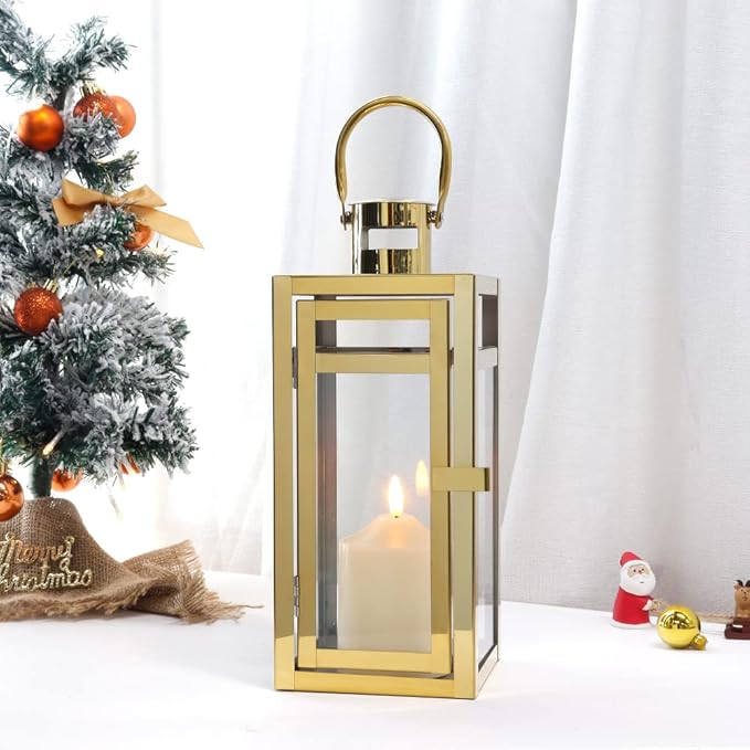 TRIROCKS Set of 2 Stainless Steel Decorative Lantern 12'' High Metal Candle Holder Outdoor Candle Lantern with Tempered Panels for Home Decor Living Room Parties Events Tabletop Indoor Outdoor (Gold)
