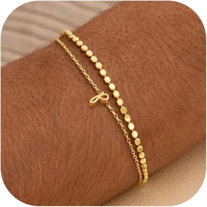 Initial Bracelets for Women, Dainty 14K Gold Plated Layered Letter Bracelet, Trendy Charm Stackable Jewelry Valentines Day Gift for Her
