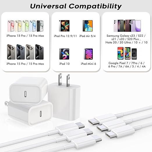 Fast USB C Charger Block,3Pack Long 6FT USB C to USB C Cable iPad Cord 20W iPhone 16 15 Charger Fast Charging for iPhone 16/16 Pro/15/15Pro/Pro Max/Plus,iPad 10th,iPad Air 5/4th,iPad Mini 6th,iPad Pro
