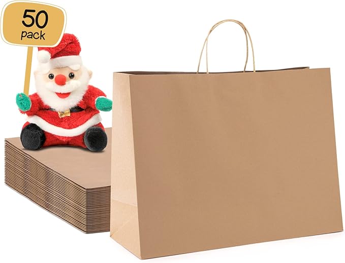 METRONIC Gift Bags with Handles,16x6x12 Inch Recyclable Brown Paper Bag 50 Pack, Kraft Shopping for Business Grocery (Bulk)