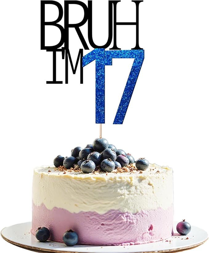 Bruh I'm 17 Cake Topper - Bro I'm 17, Happy Sweet 17 Ornament for Boys' 16th Birthday Party Supplies (blue 17)