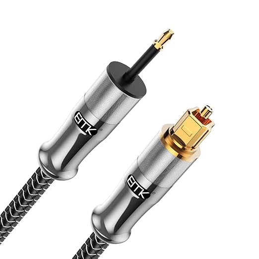 EMK 24K Gold-Plated Toslink to Mini Toslink Cable (30ft/10M) - Digital Optical Audio Cable with 3.5mm Mini Plug for Soundbar, Home Theater, TV - Silver SPDIF Fiber Optic Cable