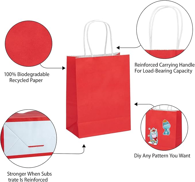 MOZRRO Gift Bags, 100 Pack 10.5x8.5x4.5 Inch, Paper Bags with Handles, Red, Medium Size, Recyclable, Eco-Friendly, Birthday, Wedding, Bulk, Party, Lunch Bags