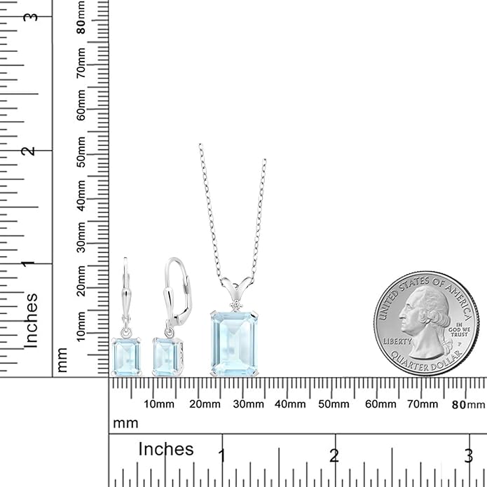 Gem Stone King 9-13 Cttw Pendant and Earrings Jewelry Set For Women | Emerald Cut 14X10MM and 8X6MM | Round 1.5MM | Gemstone Birthstone and Diamond | 925 Sterling Silver | 18 Inch Silver Chain