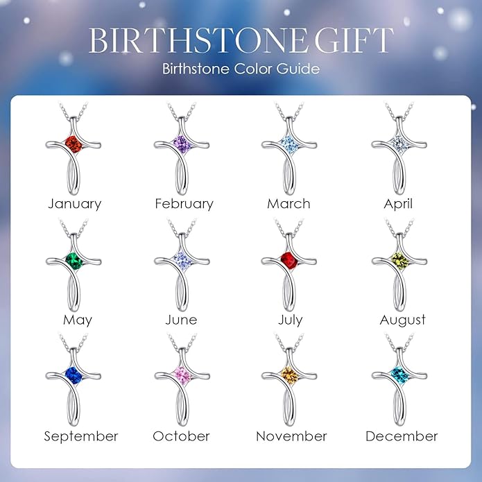 Cross Necklace for Women, 925 Sterling Silver Birthstone Necklace for Women with Diamond Sideways Cross Necklaces Birthstone Jewelry Birthday Gifts for Womens