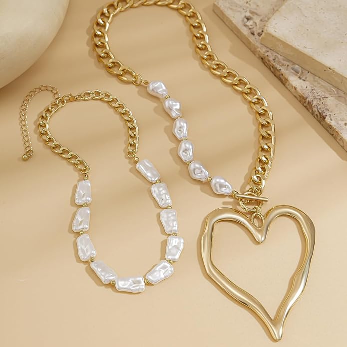 Y2k Large Heart Necklaces for Women Chunky Big Heart Pendant Necklace Exaggerated Layered Love Pearl Choker Necklace Set Dainty Statement Jewelry Gift