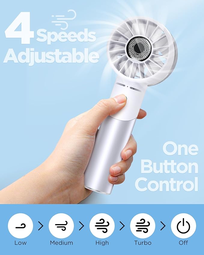 Handheld Fan, Mini Small Portable Turbo Fan, Rechargeable with 4 High Speeds Personal Fans, Max 16H Runtime, For Travel, Office, Outdoor - Silver
