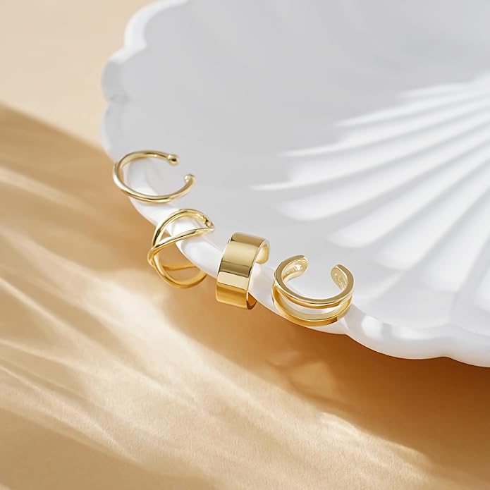 CHIC & ARTSY 925 Sterling Silver Ear Cuffs for Women, Non Piercing Clip On Cartilage Cuffs, Adjustable Fake Conch & Helix Earrings, Gold Plated & Oxidized Various Styles