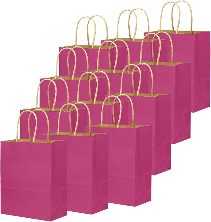 qiqee Large Kraft Paper Bags with Handles 13"x10"x5" 32 pcs Gift Paper Bag Rosy Solid Color Bags（Large Size）