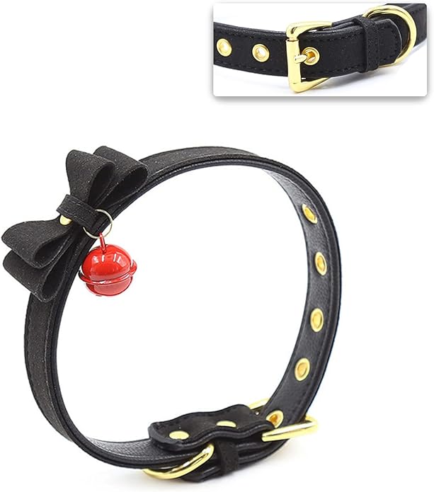 Leather Collar Necklace for Women with Bow Bell Kitty Cat and Delicate Tea flower pearl pendant Choker for Ladies Black Pink Red