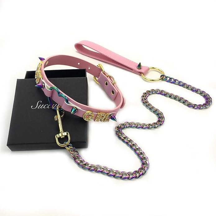 Succuba Handmade Heart Ring Rhinestone Letter Pu Leather Choker Collar Necklace for Women and Men