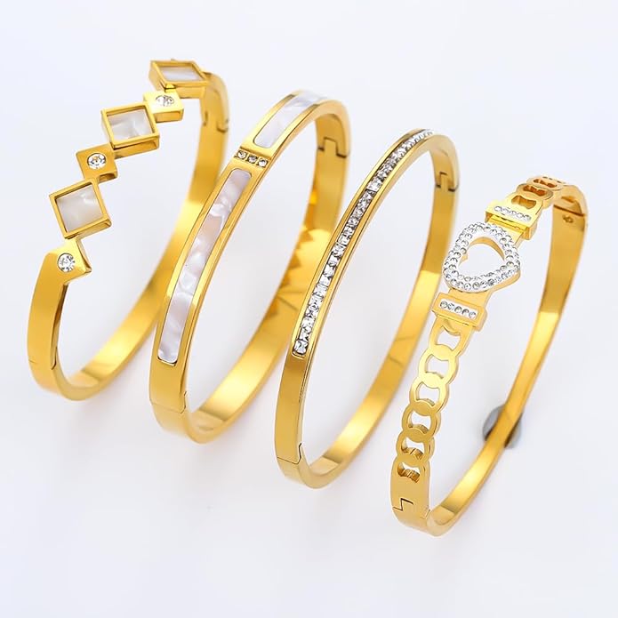 ZhiRui Women's 18K Gold Plated Stackable Bracelet Set - Waterproof Mother of Pearl Heart Cubic Zirconia Jewelry Gifts for Women