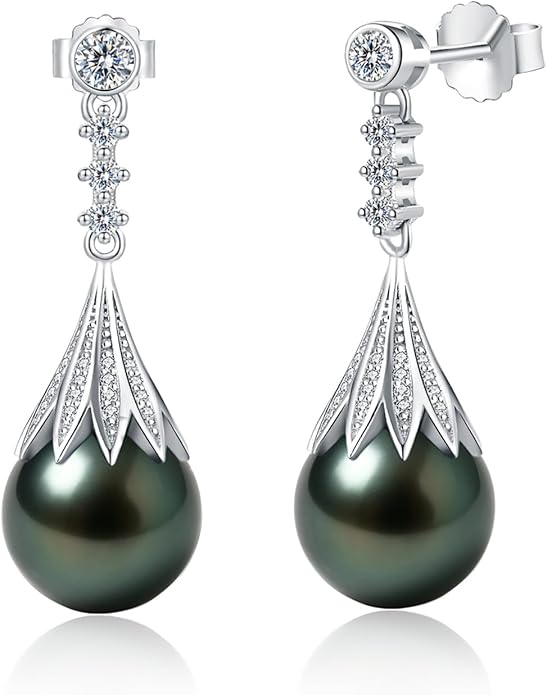 Genunie Tahitian Black Pearl Earrings, 9-11mm AAAA Natural Ocean-Grown Pearls with Sterling Silver Moissanite Earring, Anniversary Wedding Birthday Christmas Gift for Wife Mom Daughter, Women Jewelry