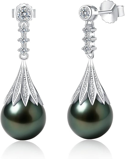 Genunie Tahitian Black Pearl Earrings, 9-11mm AAAA Natural Ocean-Grown Pearls with Sterling Silver Moissanite Earring, Anniversary Wedding Birthday Christmas Gift for Wife Mom Daughter, Women Jewelry
