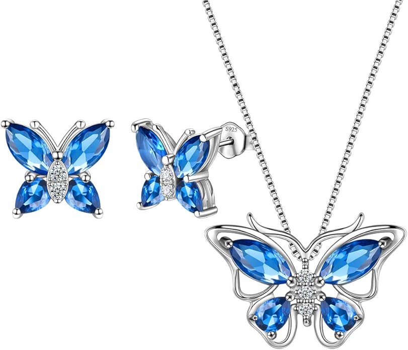 Aurora Tears Butterfly Jewelry,Women 925 Sterling Silver Butterflies Birthstone Pendant Necklace/Earrings/Rings Wedding Gift