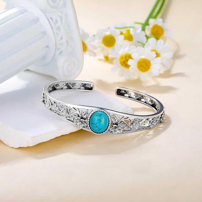 Genuine Turquoise Cuff Bracelet for Women, Sterling Silver Western Vintage Floral Bangle Native American Jewelry, For 6.5-7.5 Inch Wrists