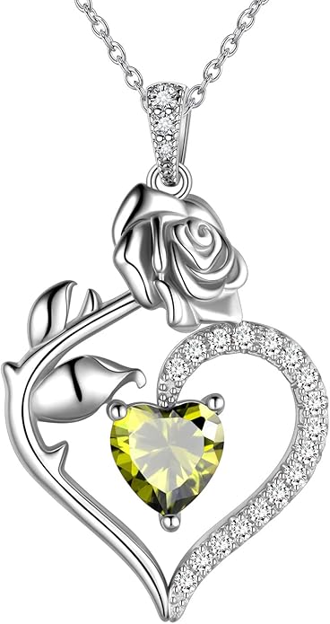 Jewmon Valentine Day Gifts for Her Rose Heart Birthstone Necklace for Women 925 Sterling Silver Birth Stone Flower Rose Necklace Anniversary Love GIfts for Girlfriend Wife Mom Birthday Gifts for Her