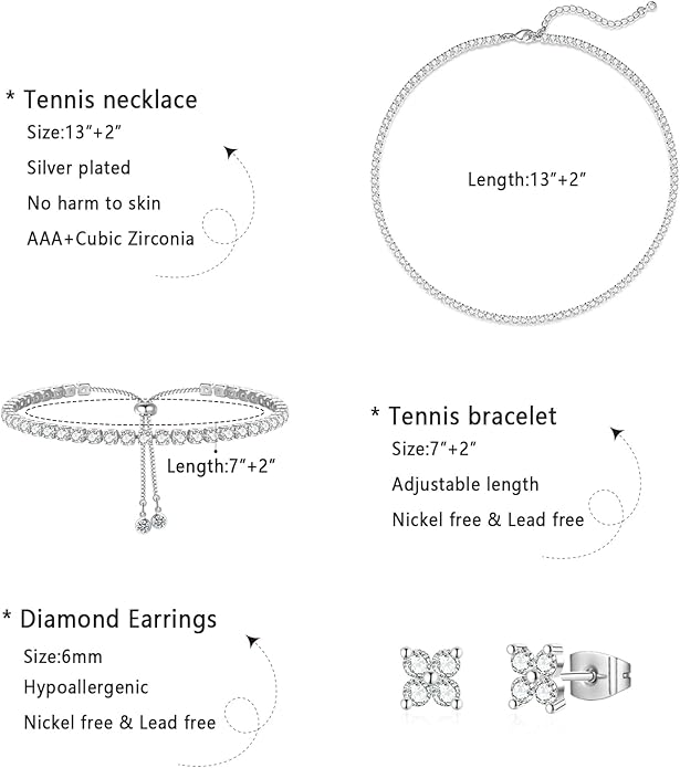 Tennis Necklace Bracelet for Women, Dainty Sterling Sliver Choker Necklace Crystal Link Bracelet Stud Earrings for Women Wedding Jewelry for Bride Jewelry Set Accessories