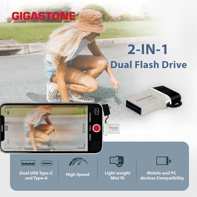 GIGASTONE 256GB Nano Luxus Dual Drive, Z50 USB 3.2 Gen 1, 2-in-1 USB-A & Type-C, 100MB/s Ultra Fast, Cap Design, Metal, Plug & Play for Smartphone/PC/Mac/TV/Car, 2.0/3.0/3.1 Compatible