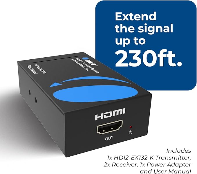 OREI 1X2 HDMI Extender Splitter Over Single CAT6/7 Cable Uncompressed 1080P with EDID - Up to 132 Ft - Loop Out - Low Latency - 1 Input 2 Output 2 Channel Transmission