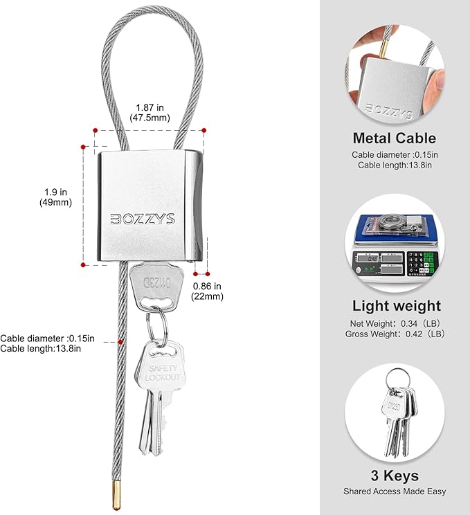 Cable Padlock with 3 Keys | L 1.15ft(0.35m),D 1/6in(4mm) Adjustable Steel Cable Lock | Aluminum Locks for Bikes, Gate, Lockers & Outdoor Gear | Weatherproof & Silver