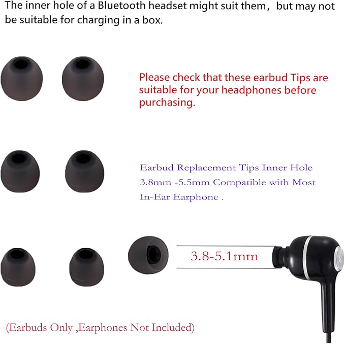 Earbud Tips Replacement Earbud Tips Ear Bud Replacement Pieces Silicone Soft and Comfortable Fit for Inner Hole from 3.8mm - 5.1mm Earphones 9 Pairs S/M/L Gray-Black