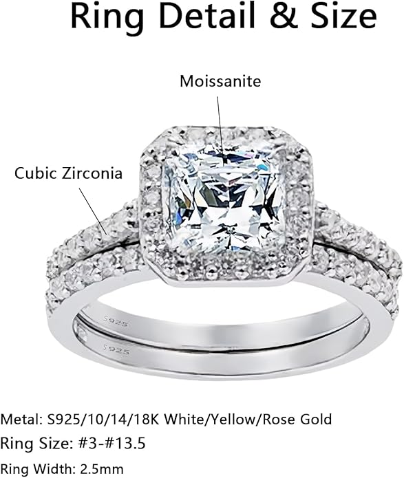 1 to 5 Carat Moissanite Ring Set S925/10K/14K/18K Gold, Princess Cut VVS1 Clarity D Color Moissanite Engagement Rings Set Luxury Bridal Jewelry Wedding Gifts for Women