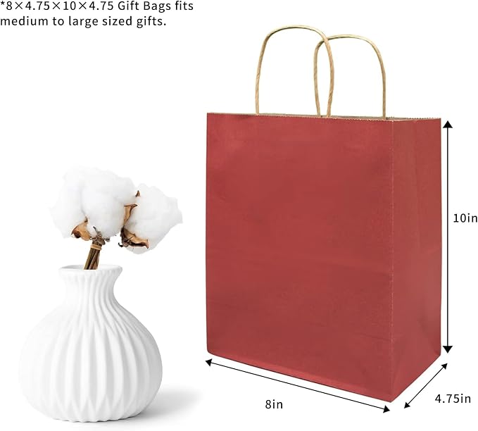 FACEBAG 100-Pack Red Paper Bags with Handles Bulk,8x4.25x10.5 Inch Gift Bags, Red Kraft Paper Bags, Applicable to Retail, Party, Shopping, Festival，Reusable & Durable