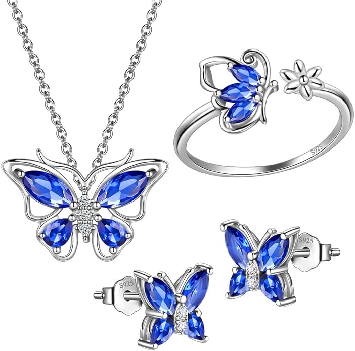 925 Sterling Silver Birthstone Butterfly Jewelry Women Crystal Animal Cute Butterflies Birthday Necklace/Earring/Ring/Bracelet Sets Birth Stone Statement Anniversary Jewellery