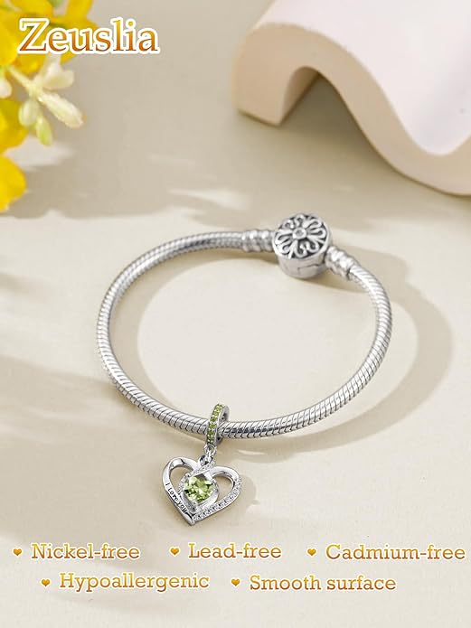 Heart Birthstone Charms for Bracelets, 925 Sterling Silver Women Bead Charms for Charm Bracelets Necklace, Mother's Day Birthday Anniversary Jewelry Gifts for Wife Mom Grandma Daughter