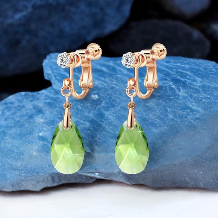 Teardrop Austrian Crystal Drop Clip On Dangle Earrings for Women Non Pierced 14K Rose Gold Plated Hypoallergenic Jewelry