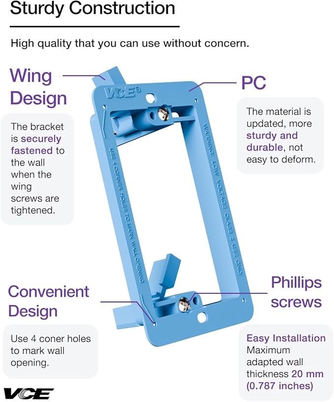 VCE Low Voltage Mounting Bracket Single Gang Wall Plate, Flush Low Voltage Box for Network, HDMI, Coaxial, Speaker, Telephone Cables, Blue, 5 Pack