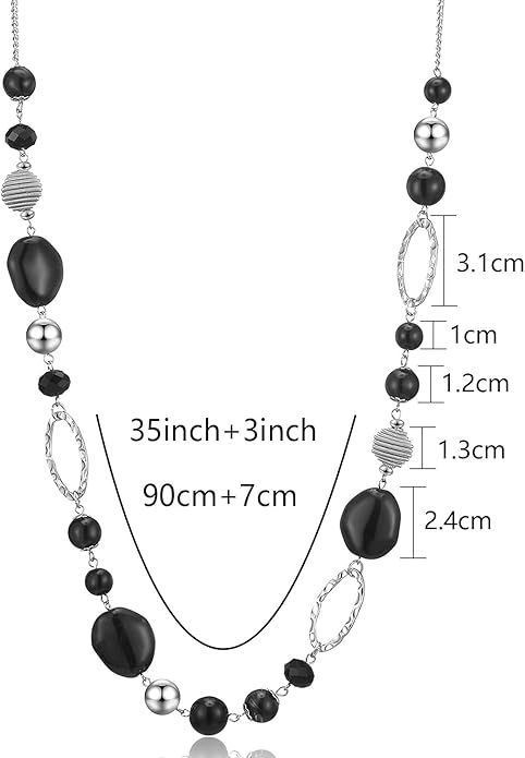 BULINLIN Beaded Long Necklace for Women Silver Sweater Chain Necklace with Crystal Resin Beads, Fashion Jewelry Necklace