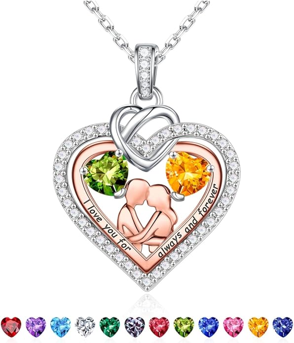 Iefil Valentines Day Gifts for Her - 925 Sterling Silver Double Heart Birthstone Necklace for Women, Anniversary Birthday Gifts for Wife I Love You Gift Couple Sitting Hugging Each Other Jewelry Gift