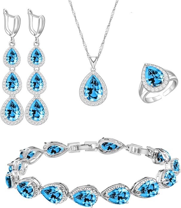 LMXXVJ Necklace Long Earrings Bracelet Set, White Gold Plated Created Blue Sapphire Jewelry Set Wedding Party Gift Jewelry for Women Bridal Bridesmaid