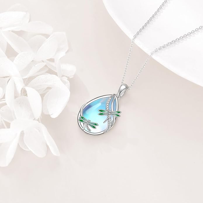 KQF Dragonfly/Butterlfy/Cat/Jellyfish/Bunny/Axolotl/Bee/Mermaid/Hummingbird/Elephant Necklace for Women Sterling Silver Moonstone Pendant Necklace Dragonfly Jewelry Gifts for Women