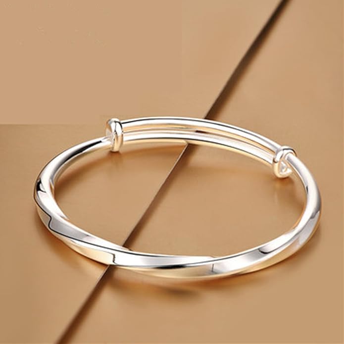 Solid 925 Sterling Silver Bracelets for Women Simple Adjustable Bangle Bracelet