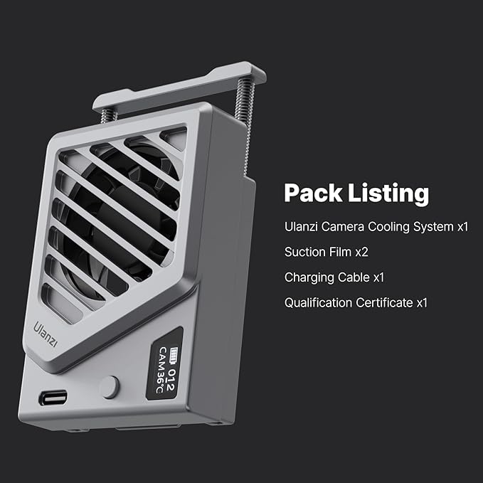 ULANZI Camera Cooling Fan Silver New, Spring Telescopic Mounting Adjustable Mini Intelligent Cooling Fan Real-time Monitoring with Type-C Charging Port, Compatible with Sony Canon FUJIFILM Nikon