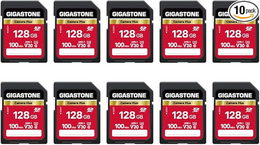 GIGASTONE 128GB SD Card 10-Pack, Camera Plus, V30 U3 SDXC Memory Card High Speed UHD Video Compatible with Canon Digital Camera, with 10 Mini case