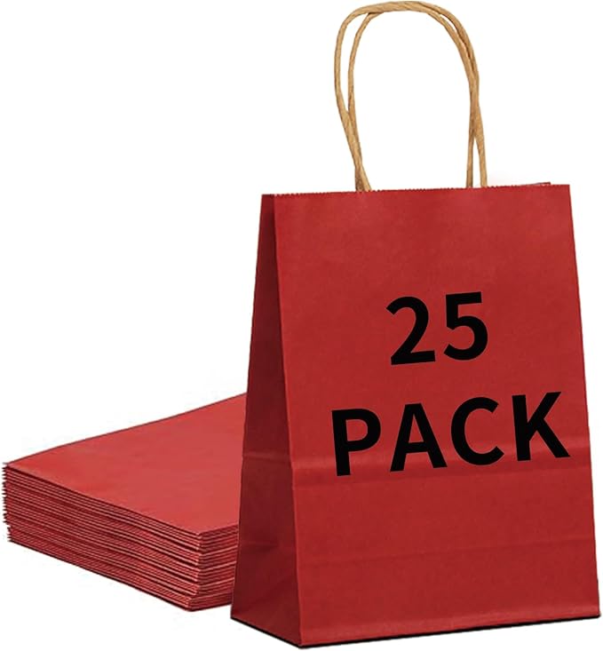 BAG BOX 25 Pack Medium 8.25x4.3x10.6 Inch Red Kraft Paper Gift Bags with Handles for Bulk Shopping, Retail, Craft, Party Favors, Wedding, Grocery & Sacks
