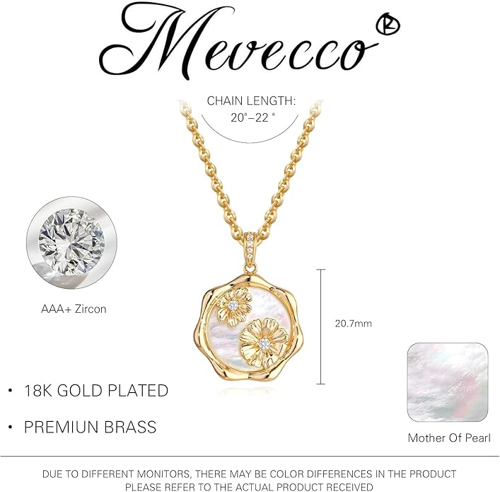 MEVECCO Birth Flower Necklace For Women 18k Gold Plated Mother Of Pearl Disc Floral Pendant Necklace Dainty 12 Birth Month Flower Handmade Personalized Jewelry Anniversary Christmas Birthday Gifts