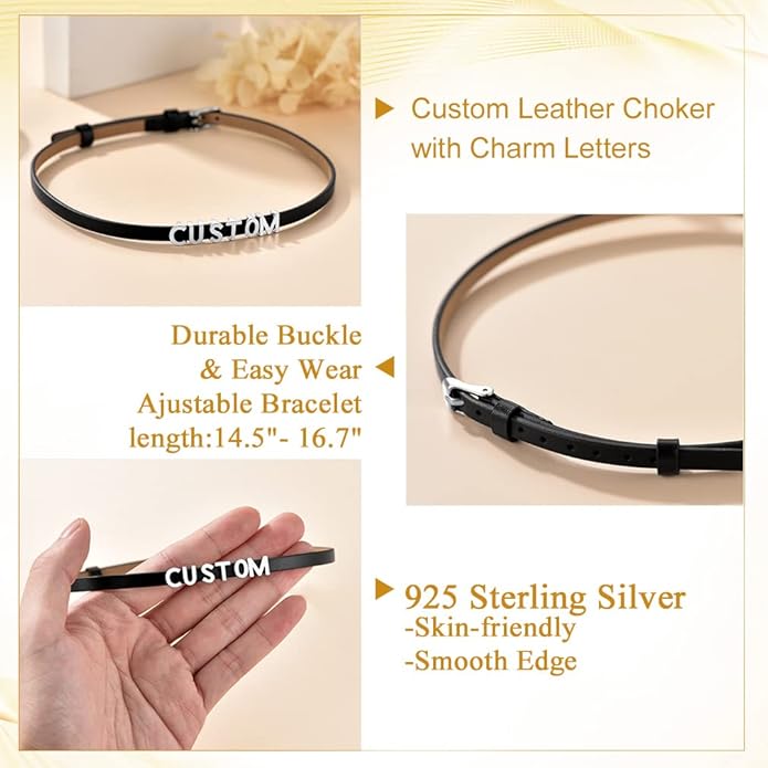 Custom4U Personalized Black Leather Choker Necklace with Picture/Name/Initials/Letters Charm,Custom Made Adjustable Choker Collar Gothic Punk Necklaces Jewelry Gifts for Women