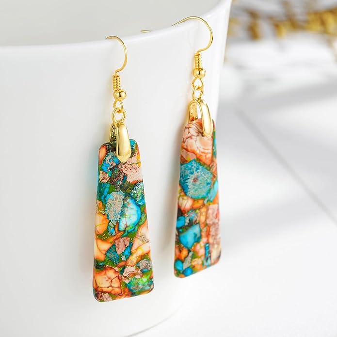 Boho Women Natural Stone Earrings Unique Healing Imperial Jasper Gemstone Energy Hypoallergenic Lightweight Dangle Drop Earrings Multiple Styles Earrings Jewelry for Birthday Party Gift