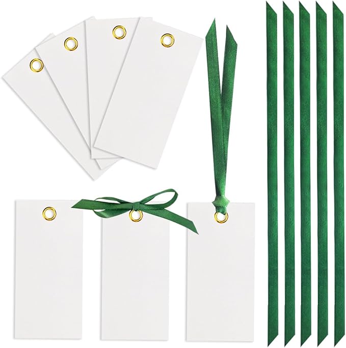 25 Pcs Name Place Cards Blank Seat Card, 2 x 4 in Table Cards with Stain Ribbon, Wedding Place Card, Hanging Tags for Wedding table Setting Reserved Chairs Signs Dinner Banquet Parties.(Dark Green)
