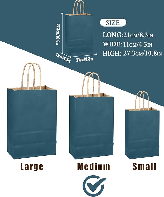 qiqee Ink Blue Gift Bag with Handles Bulk 24Pcs Paper Bags -10.6"x8.3"x4.3"Party Favor Bags - Solid Color