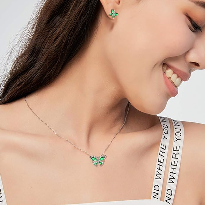 925 Sterling Silver Birthstone Butterfly Jewelry Women Crystal Animal Cute Butterflies Birthday Necklace/Earring/Ring/Bracelet Sets Birth Stone Statement Anniversary Jewellery