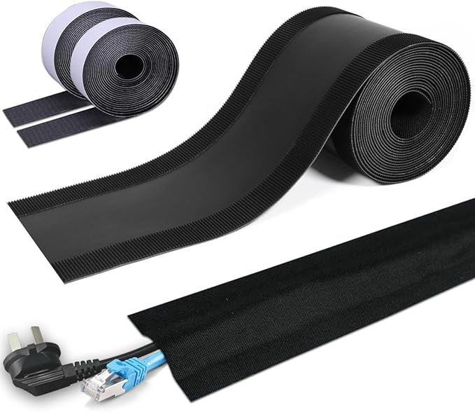 Floor Cable Covers - 10ft Oxford Fabric Cord Protector with Adhesive Hook & Loop,Waterproof Wire Storage Sleeve for Any Floor Surface,Durable Cable Management to Prevent Tripping Hazards (Black, 10ft)