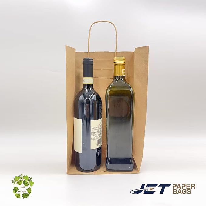 Jet Paper Bags - 50 Pack 6.5x3.5x12 Inch Medium Plain Brown Kraft Paper Bags with Handles Bulk, Gift Wrap Bags for Favors Grocery Retail Party Birthday Shopping Business Goody Craft Merchandise Take Out Sacks