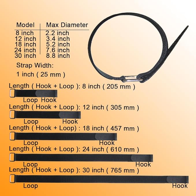 8"12"18"24"30" Hook and Loop Fastening Cable Strap - 30 Pack Reusable Nylon Extend Securing Strap - Adjustable Cinch Strap with Buckle